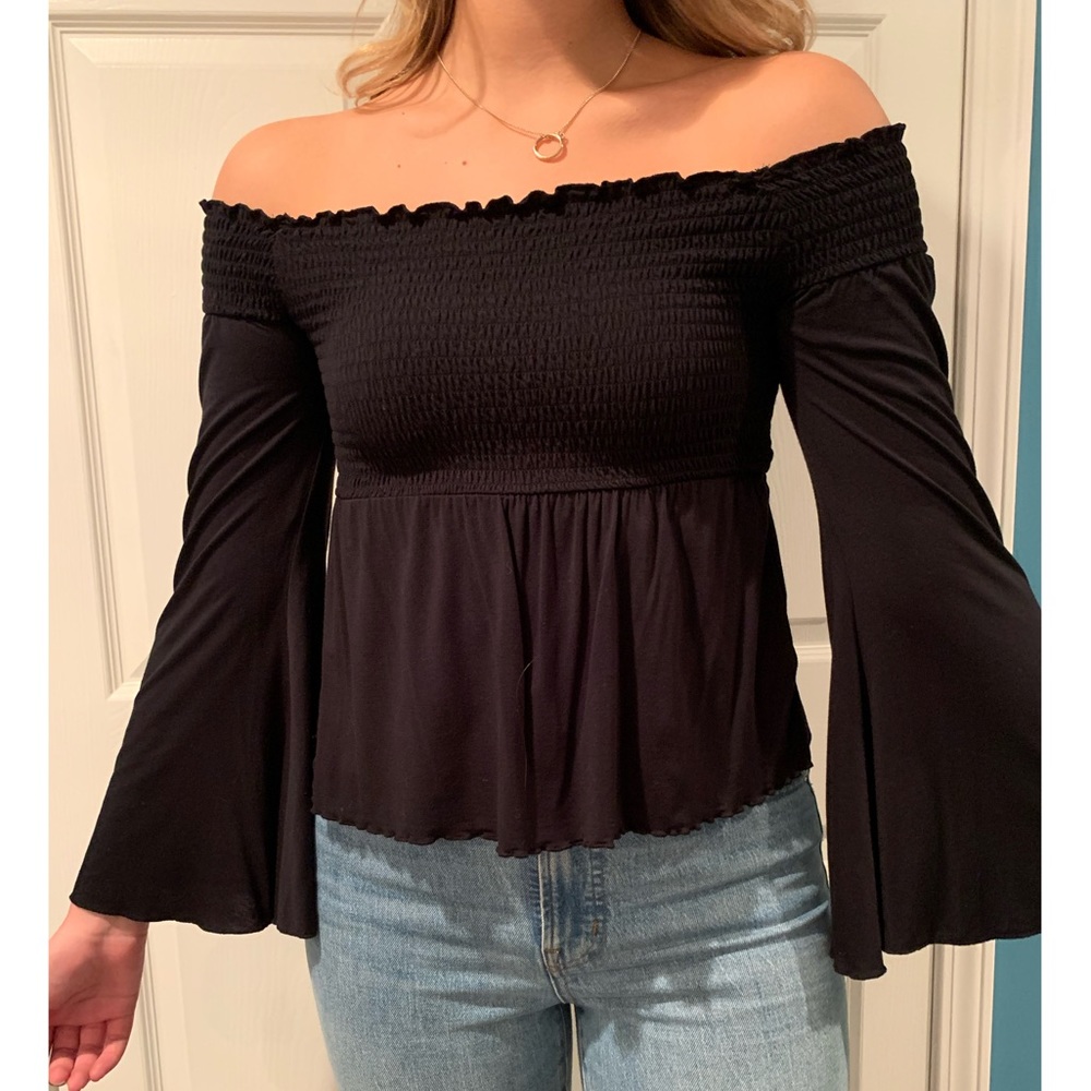 Bell Sleeve Off the Shoulder Black Top